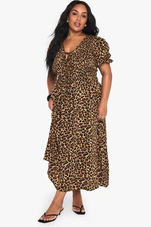 Boohoo Plus Leopard Shirred Smock Midaxi Dress - - 16