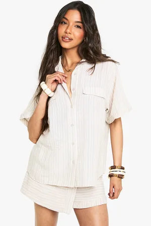 Boohoo Woven Linen Look Striped Short Sleeve Shirt - - 6