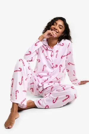 Boohoo Tall Christmas Candy Cane Print Long Sleeve Shirt & Trousers Pyjama Set - - 14