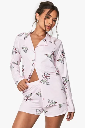 Boohoo Cocktail Print Long Sleeve Shirt & Shorts Pyjama Set - - 6