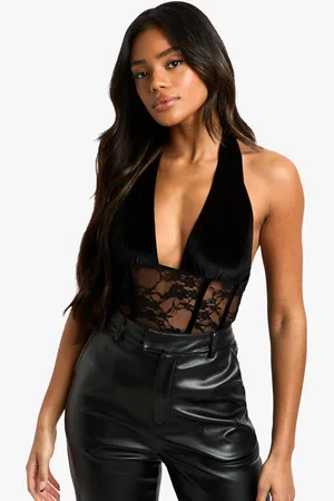 Boohoo Velvet Lace Plunge Front Bodysuit - - 14