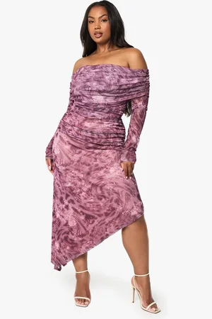 Boohoo Plus Bardot Long Sleeve Asymmetric Hem Maxi Dress - - 16