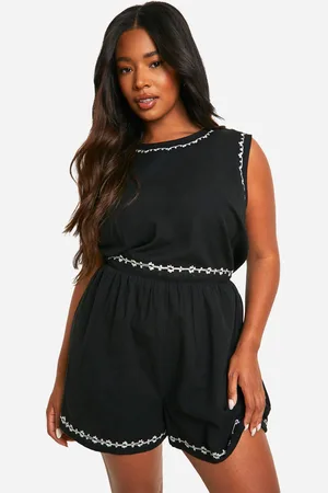 Boohoo Plus Embroidered Linen Look Playsuit - - 16