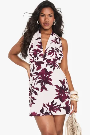 Boohoo Palm Print Halterneck Skater Mini Dress - - 8