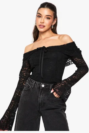Boohoo Lace Bardot Tie Detail Long Sleeve Top - - 6