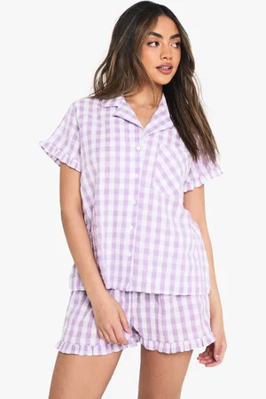 Boohoo Gingham Seersucker Ruffle Detail Short Sleeve Shirt & Shorts Pyjama Set - - 6