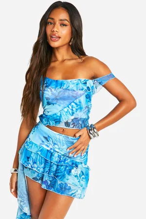Boohoo Mesh Printed Frill Hem Mini Skirt - - 16