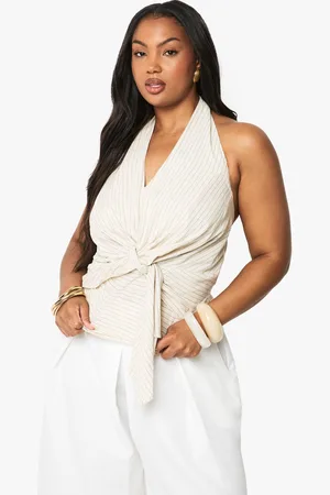 Boohoo Plus Linen Stripe Halter Tie Front Top - - 16