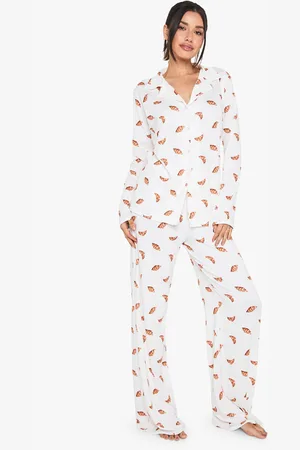 Boohoo Tall Croissant Print Long Sleeve Shirt & Trousers Pyjama Set - - 8