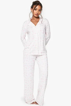 Boohoo Bow Print Long Sleeve Shirt & Trousers Pyjama Set - - 8