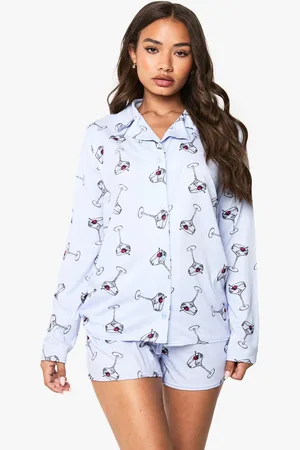 Boohoo Cocktail Print Long Sleeve Shirt & Shorts Pyjama Set - - 6