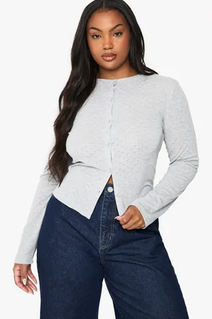 Boohoo Plus Pointelle Long Sleeve Button Down Fitted Top - - 16