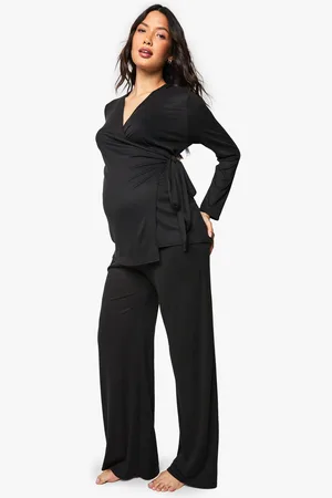 Boohoo Maternity Brushed Rib Wrap Tie Top & Trouser Lounge Set - - 8