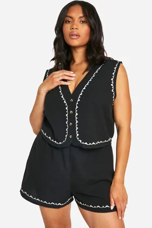 Boohoo Plus Embroidered Linen Look Waistcoat And Short Set - - 16
