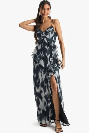 Boohoo Abstract Crinkle Chiffon Ruffle Maxi Dress - - 8