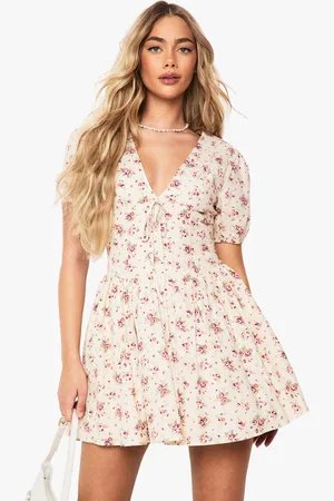 Boohoo Ditsy Floral Puff Sleeve Milkmaid Mini Dress - - 8