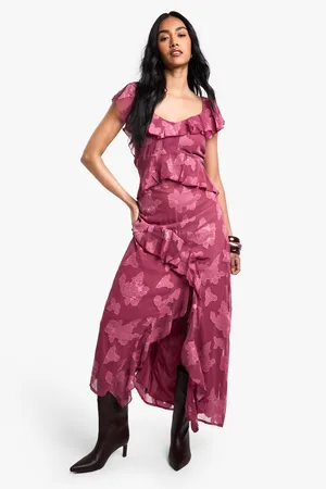 Boohoo Jacquard Floral Ruffle Maxi Dress - - 10