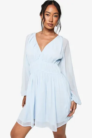 Boohoo Chiffon Volume Sleeve Ruched Waist Mini Dress - - 8