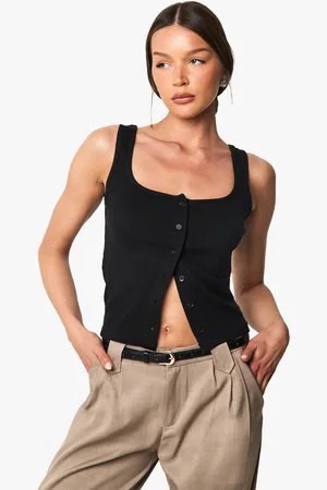 Boohoo Rib Button Through Square Neck Top - - 8