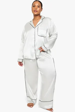 Boohoo Plus Contrast Piping Satin Long Sleeve Pyjama Shirt And Trouser Set - - 16