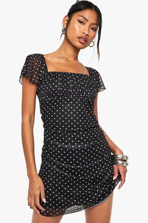 Boohoo Polka Dot Mesh Ruffle Mini Dress - - 8