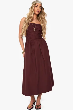 Boohoo Cotton Poplin Ruched Detail Midi Dress - - 8