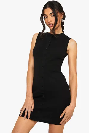 Boohoo Rib Button Down Shift Dress - - 16