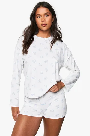 Boohoo Croissant Print Soft Rib Long Sleeve T-Shirt & Boxer Shorts Pyjama Set - - 6