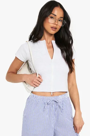 Boohoo Rib Double Zip Through Short Sleeve Top - - 10