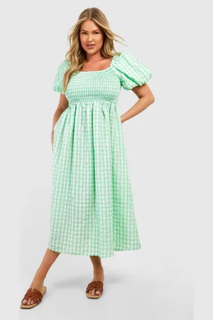 Boohoo Plus Textured Gingham Puff Sleeve Miidi Dress - - 16