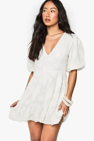 Boohoo Floral Burnout Plunge Puffball Mini Dress - - 12