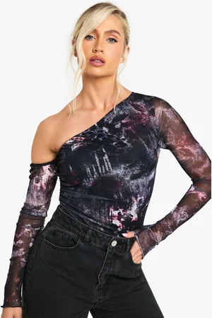 Boohoo Petite Printed Mesh Asym Shoulder Bodysuit - - 6