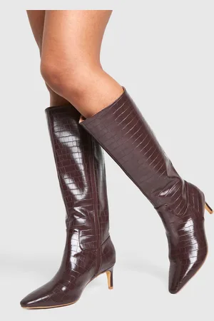 Boohoo Wide Fit Croc Knee High Low Heeled Boots - - 6