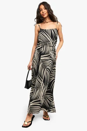 Boohoo Palm Print Tie Detail Chiffon Midaxi Dress - - 12