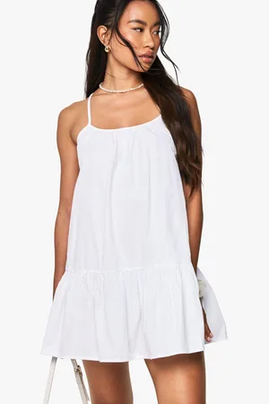 Boohoo Cotton Poplin Strappy Tiered Swing Mini Dress - - 8