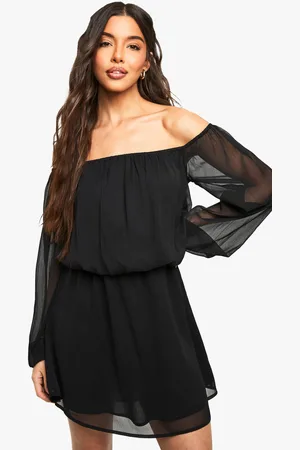 Boohoo Chiffon Bardot Sleeve Asymmetric Mini Dress - - 8