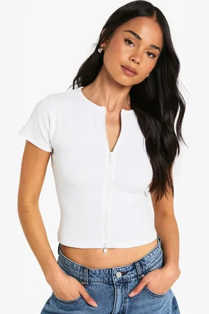 Boohoo Rib Double Zip Through Short Sleeve Top - - 10