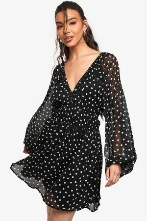 Boohoo Paisley Polka Dot Chiffon Volume Sleeve Ruched Waist Mini Dress - - 8