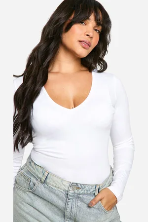 Boohoo Plus Cotton Plunge Long Sleeve Bodysuit - - 16