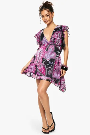Boohoo Paisley Ruffle Detail Lace Trim Mini Dress - - 8