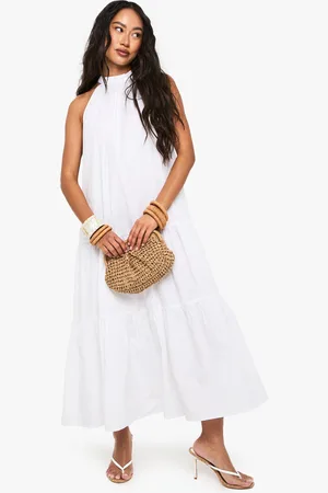 Boohoo Cotton Poplin High Neck Tiered Smock Dress - - 8
