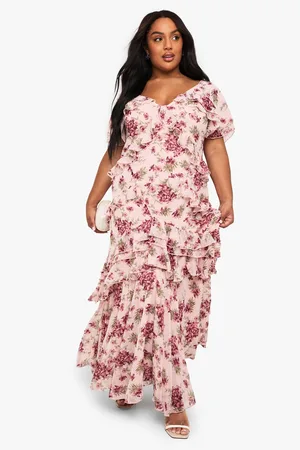 Boohoo Plus Dobby Chiffon Floral Frill Detail Maxi Dress - - 16