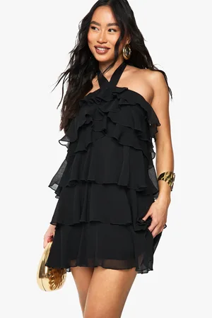 Boohoo Halterneck Tie Ruffled Tiered Mini Dress - - 8