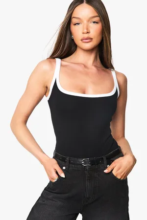 Boohoo Rib Contrast Binding Square Neck Sleevless Bodysuit - - 8