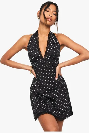 Boohoo Polka Dot Lace Trim A-Line Mini Dress - - 8
