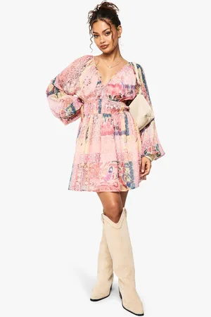 Boohoo Paisley Chiffon Volume Sleeve Ruched Waist Mini Dress - - 8
