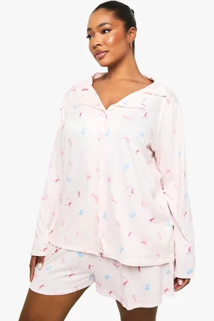 Boohoo Plus Bow Print Long Sleeve Shirt & Short Pj Set - - 22