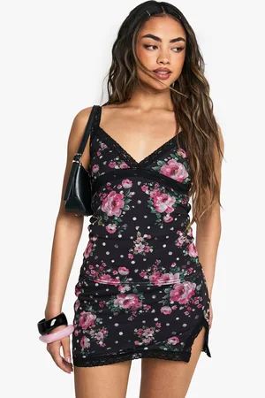 Boohoo Floral Printed Mesh Lace Trim Split Mini Skirt - - 6