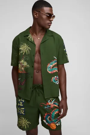 Boohoo Oversized Dragon Print Linen Look Shirt & Short Set - - M