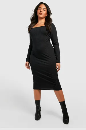 Boohoo Plus Jumbo Rib Scoop Long Sleeve Midi Dress - - 26